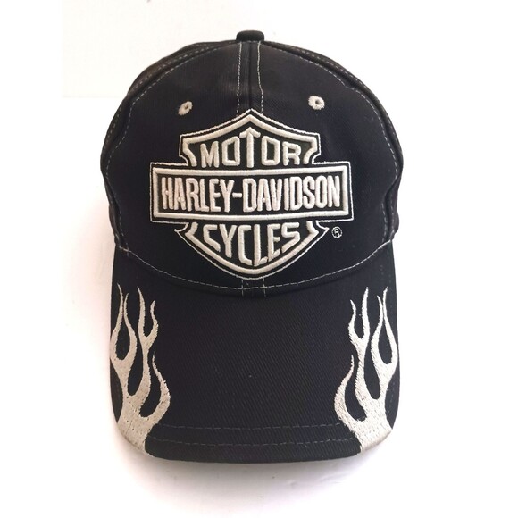 Harley Davidson Strapback Blk Twill Hat Flames Bar N Shield Logo - Picture 1 of 8